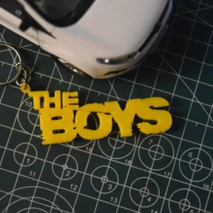 This is a 3D-printed keychain of 'The Boys' logo.